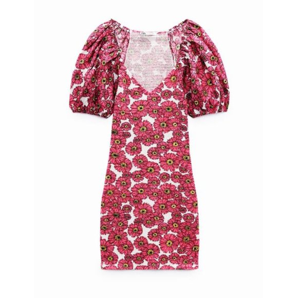 Zara Floral Balloon Sleeve Dress Smocked Puff Princess Pink Sweetheart Bust Mini - Picture 9 of 14
